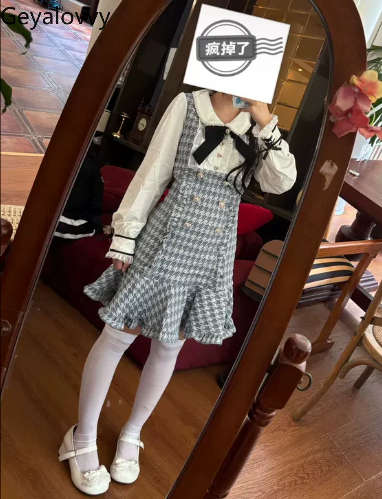 

Japanese Mine Style Mass-Produced Sweet Girl Bow High Waist Dress Spring Summer New Grid Slim Belly Covering Short Dresses