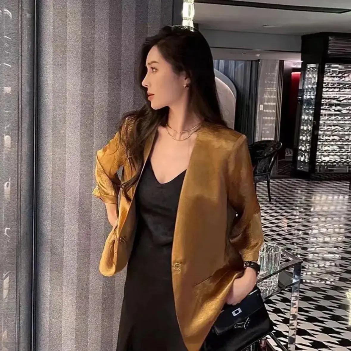 

Модный тонкий женский пиджак для весны и лета, элегантный, стройнящий, для офиса, стандартной длины, с длинными рукавами