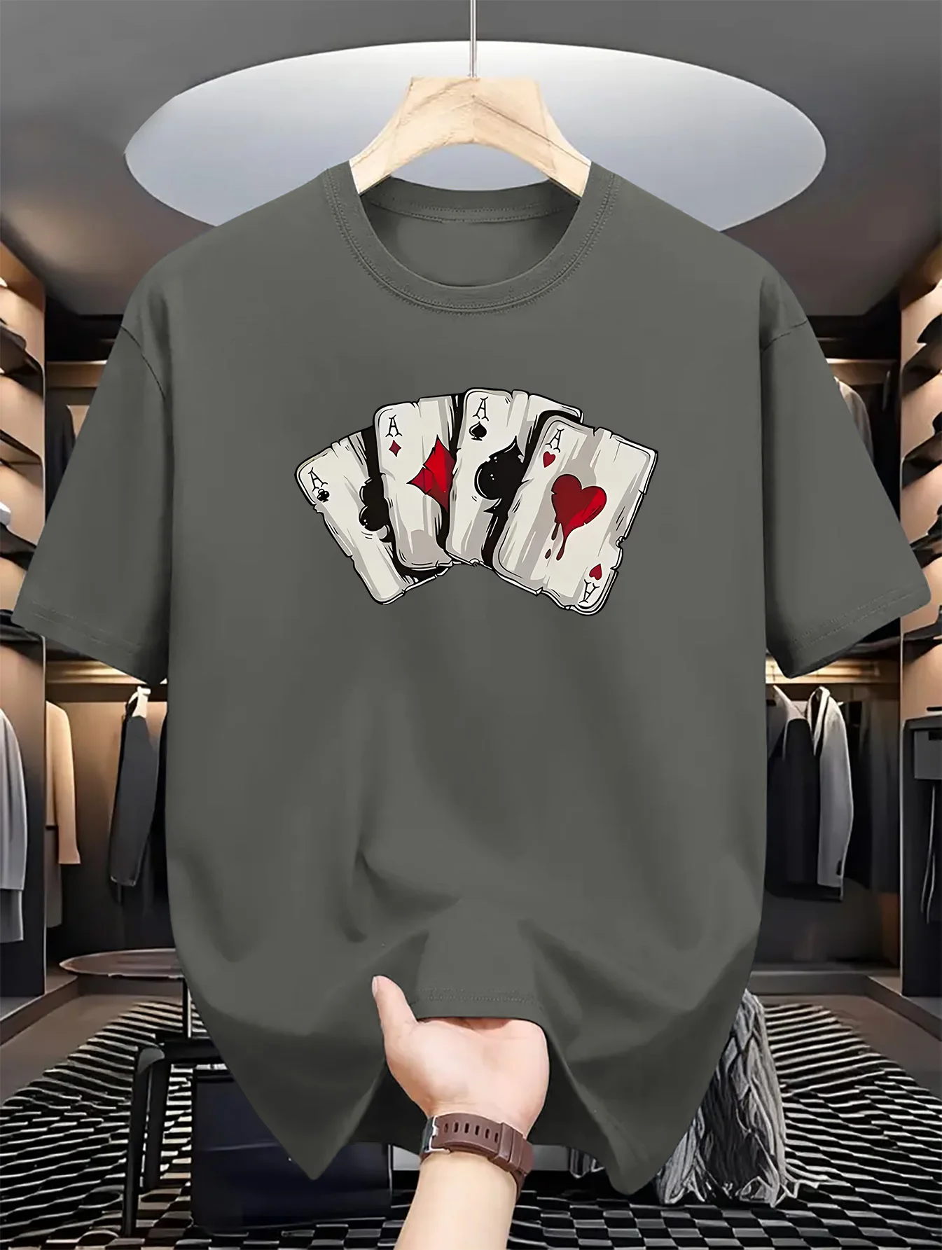 Summer Men's 100% Pure Cotton Poker Card Graphic Print Casual Loose Sports Comfortable Round Neck Short Sleeved T-Shirt Top
