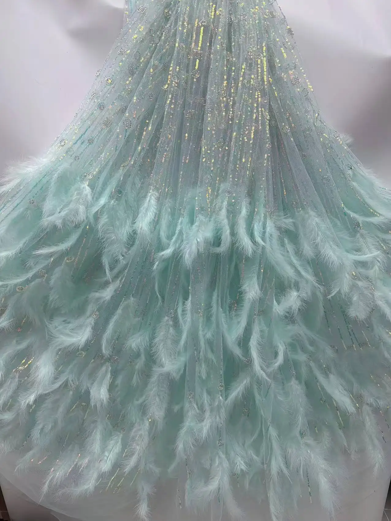 Mccarthy Feather Sequin Fabric with Embroidery | Bead Tube Lace | Wedding Dress Stage Costume Fashion Fabric