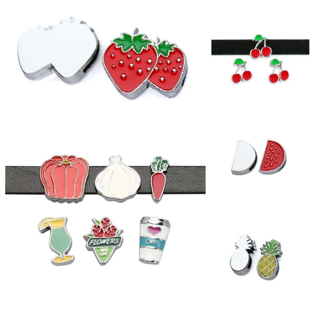 10pc/lot Hole 8MM Strawberry cherry Slide Charm pineapple diy slide charms Fit For 8mm diy Leather Wristband Keychains