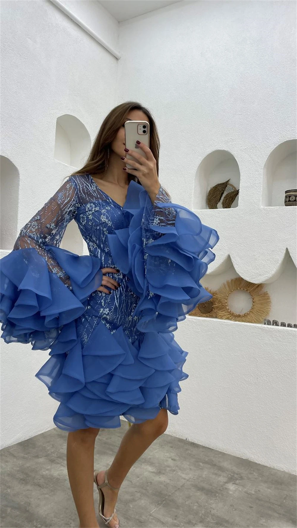 Vestidos de fiesta personalizados, Mini escote en V corto, línea A, fruncido, moda formal, vestido de noche de manga larga, فساتmaveraьuden:2023