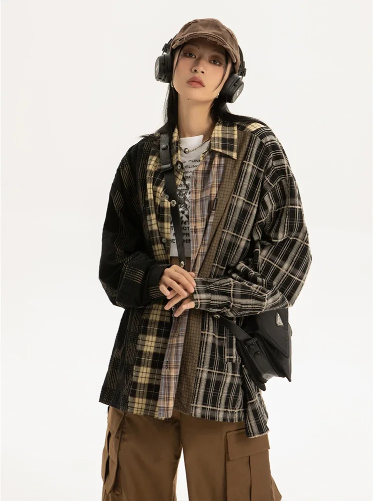 2022 Early Autumn Women New Vintage Plaid Turn-down Collar Over-shirt Long Sleeve Streetwear Loose Patchwork Harajuku Blouses