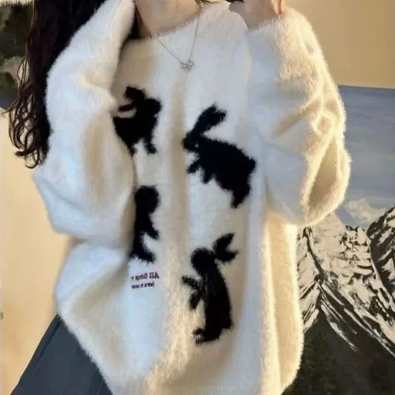

Woman Autumn Winter White Crew Neck Jumpers Mujer Lovely Cartoon Rabbit Sweater for Women Soft Faux Mink Warm Knitted Sweater