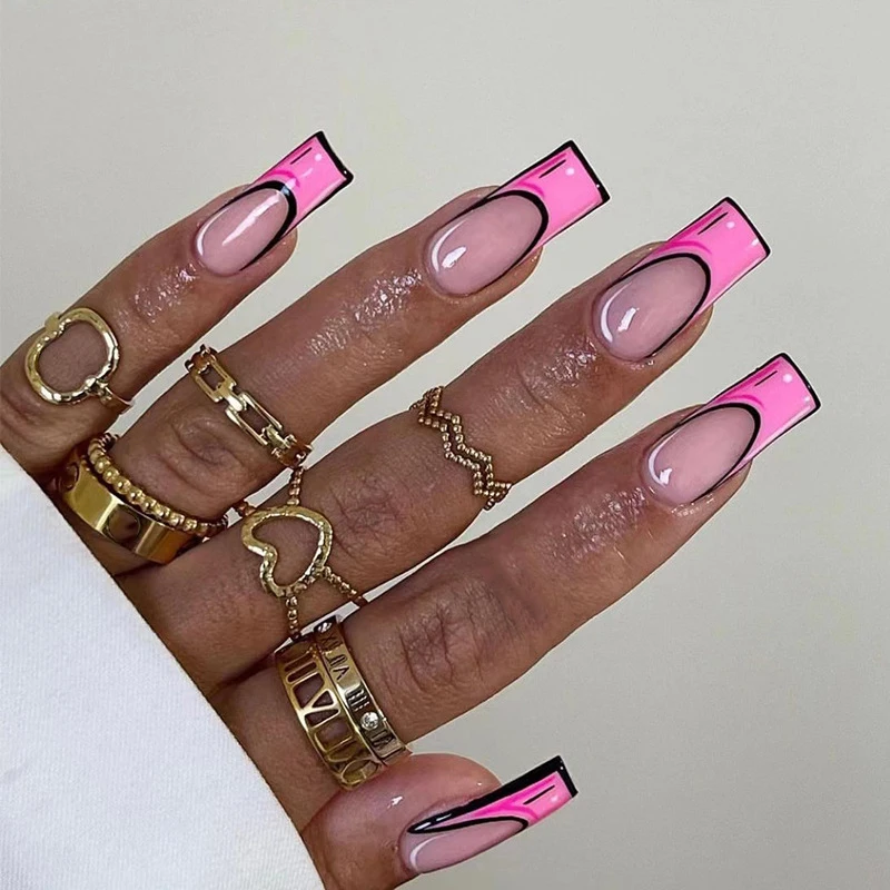 Pink Doodle French Wearable Nail Art Cartoon Style Design Fake Nails Detachable Finished False Nails Press on Nails with Glue