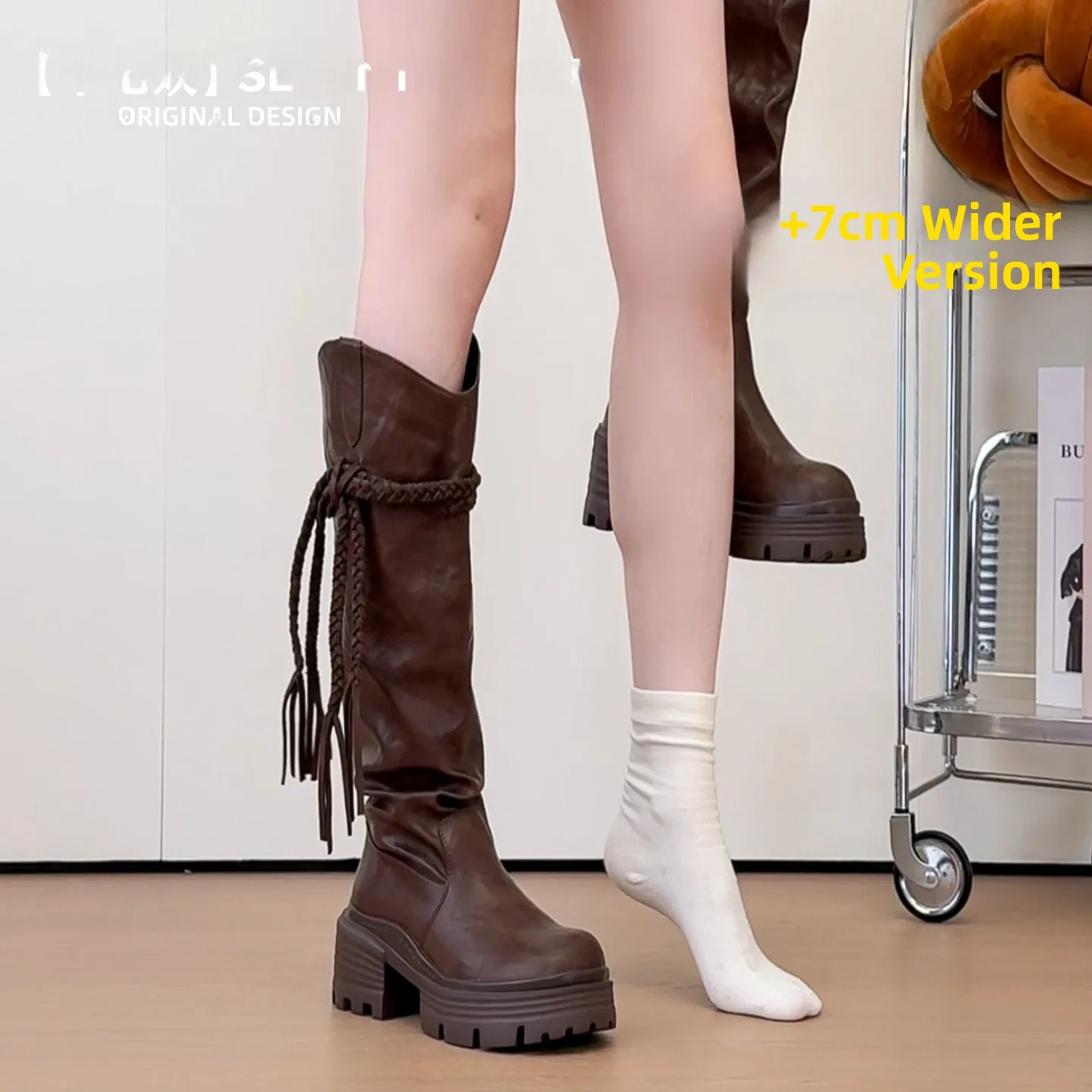 Elevated Tassel Long Boot High Tubular Wraparound Knight Boot Women's Autumn Winter New Slim Thickened Wideleg Long Boot Fat MM