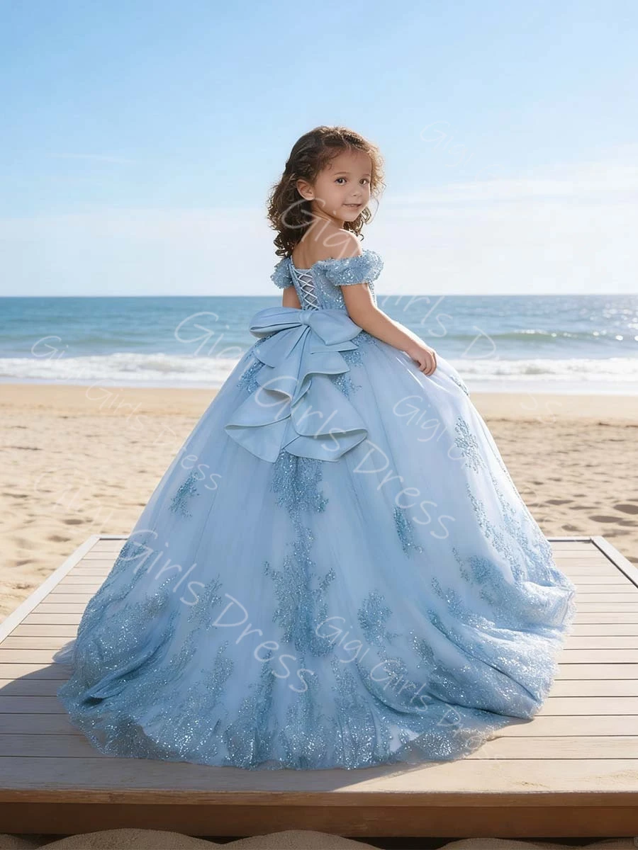 

Customized Off Shoulder Flower Girl Dress with Bow Glitter Lace Applique Tulle Princess Pageant Dress Kids Wedding Party Gown