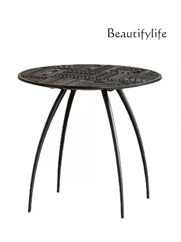 

Nordic light luxury and medieval style birch hand-carved round side table designer solid wood coffee table