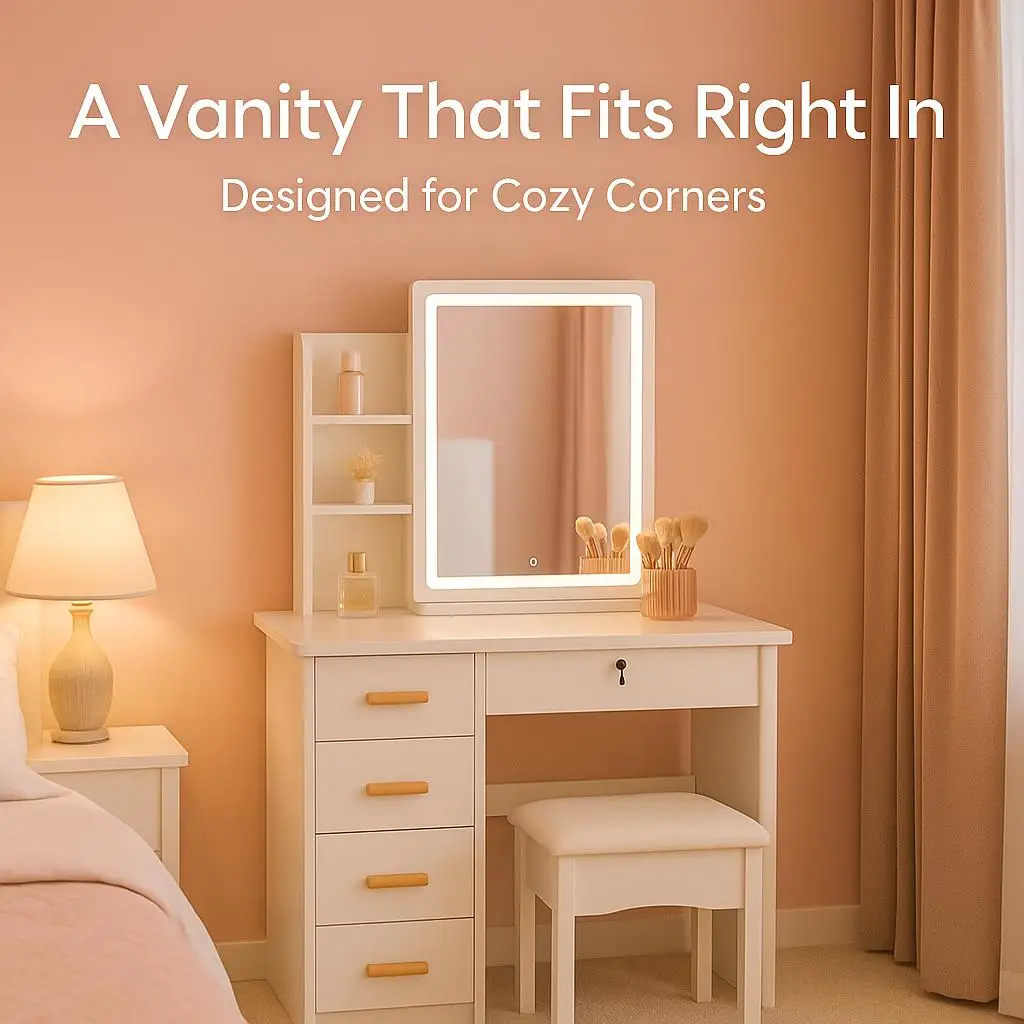 متجر Tiktok الأكثر مبيعًا، زينة بيضاء مع مرآة وإضاءة، مرآة مكياج منزلقة، ضوء LED مع 3 أوضاع ألوان، مقعد متضمن