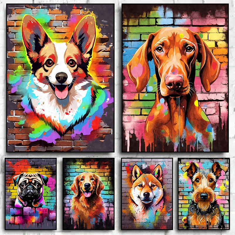 Cute Dog Graffiti Canvas Painting Colorful Dogs Pop Art Posters Canvas Prints Art Asbtract Wall Art Pictures for Home Decoration