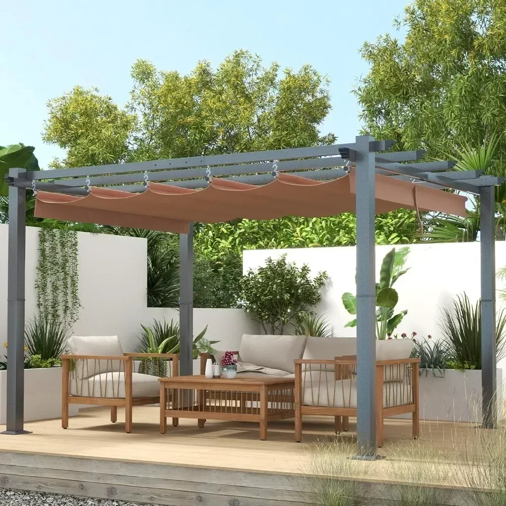 10‘×12’ Outdoor Pergola, Upgraded Canopy with Adjustable Roof, Metal Patio Pergola with Brown Shade Cover for Backyard