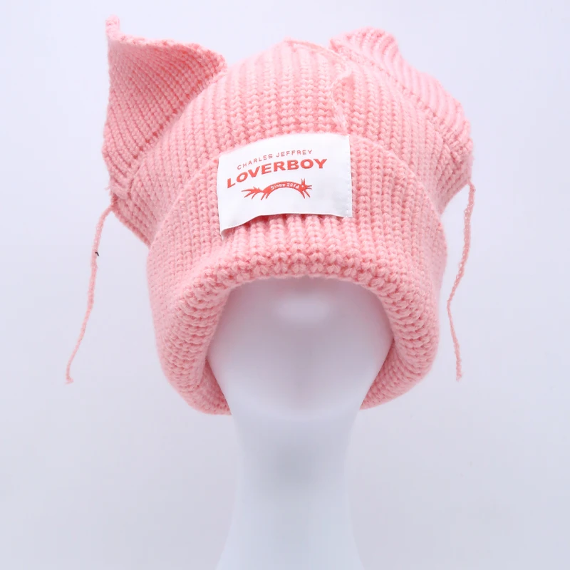 2024 Winter Loverboy Cat Ear Knit Hat Solid Warm Beanies Hat Cute Fashion Hooded Cap Niche Designer Hip-hop Personality Cold Hat