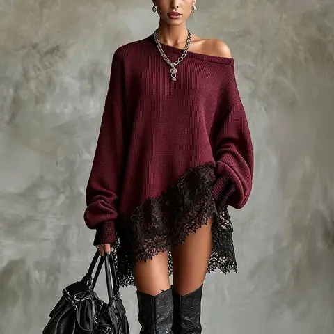Women Off Shoulder Knit Sweater Tunic Dress Long Sleeve Asymmetrical Lace Hem Loose Slouchy Mini Dress Casual Streetwear Dresses