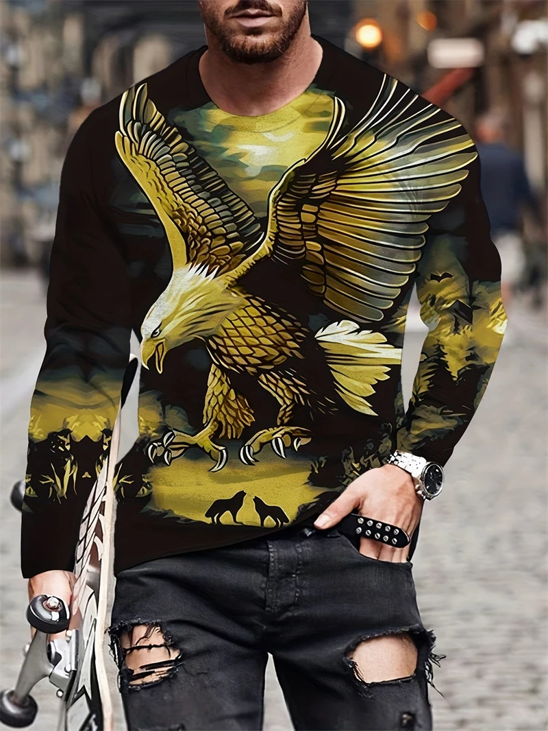 Men\'s Eagle Hand-painted Pattern Casual T-Shirts Long Sleeve Streetwear 3D Animal Printing Hip Hop Male Tops Tee Plus Size 4XL