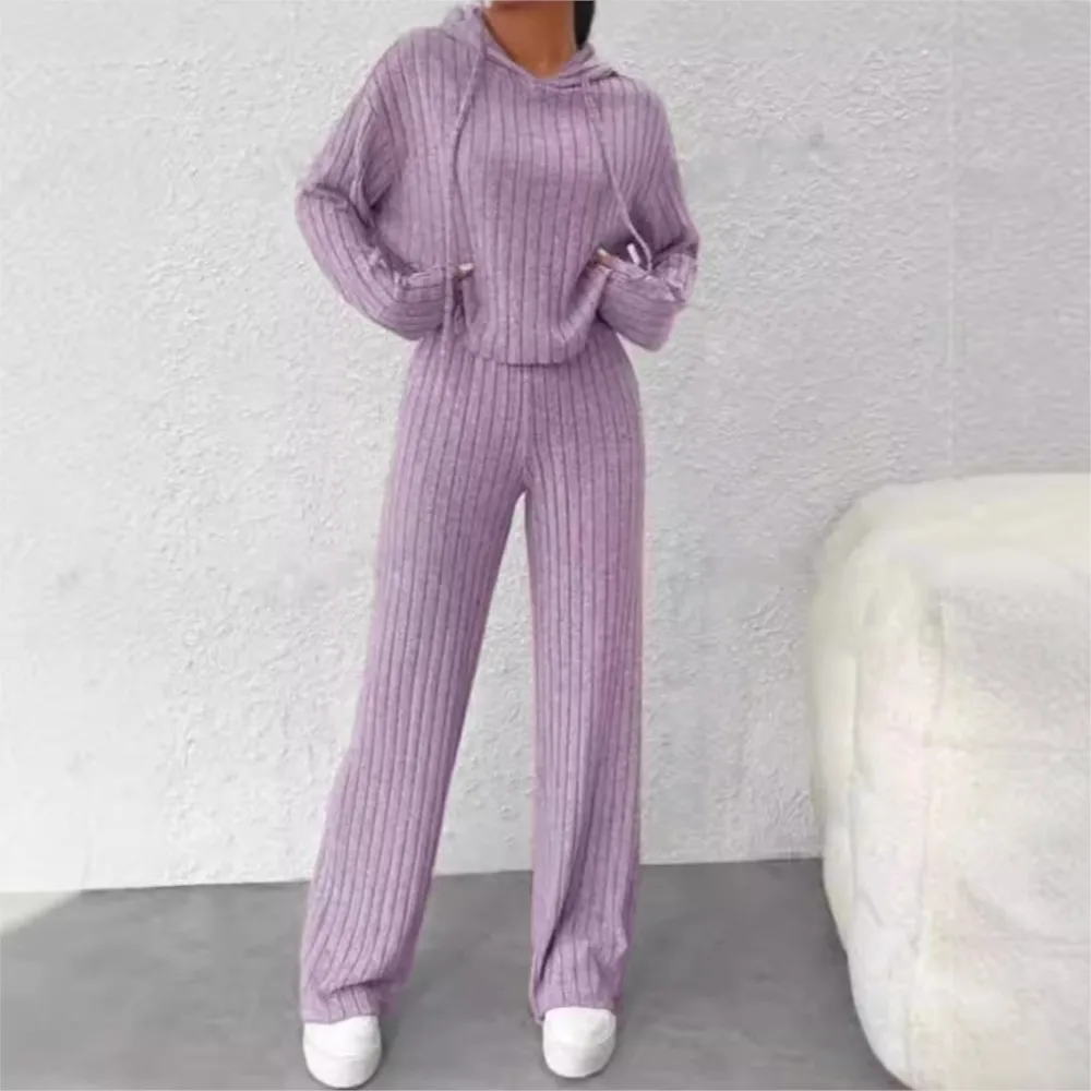 Frühling Herbst Gestrickte Gestreifte Kapuze Sweatshirt Lange Hosen 2 Stück Set Frauen Mode Lose Gestrickte Lange Hosen Weibliche Casual Anzug