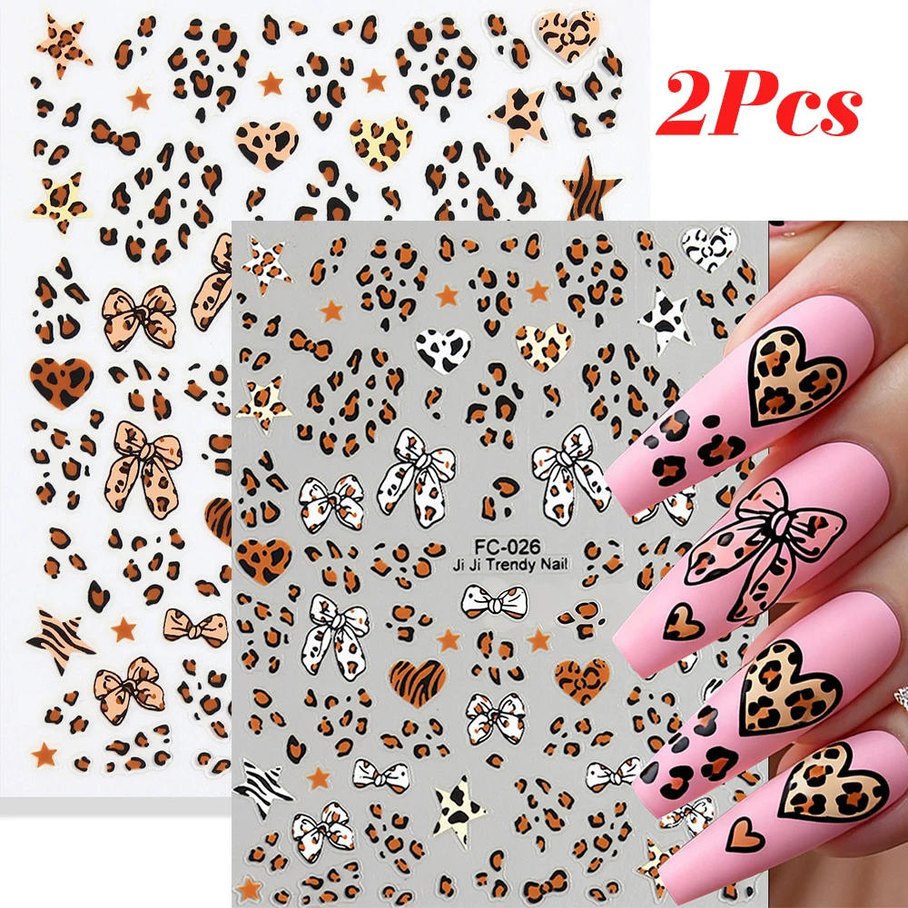 1/2 pièces 3D léopard arc amour coeur ongles autocollants automne hiver imprimé léopard nœud papillon auto-adhésif décalcomanies curseurs décoration des ongles