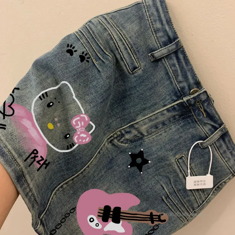 Sanrio Hello Kitty American Style Print Denim Skirt Women Niche Slim Fit Y2K Spicy Girl A-line Skirt Trend Versatile Short Skirt