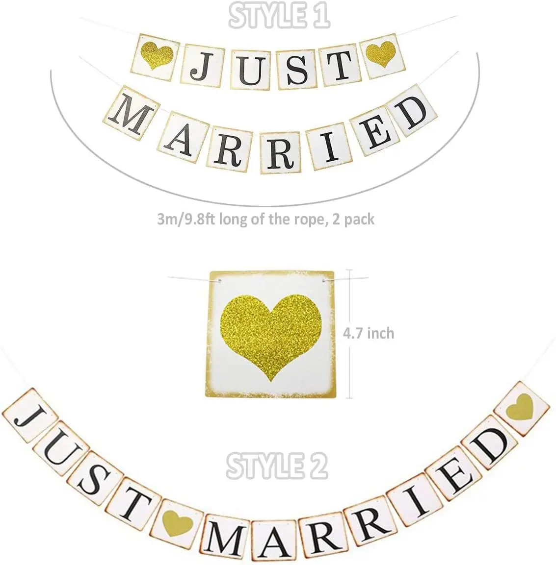 JUST Married Banner Autodekorationen, Goldglitter Just Married Sign Garland für Brautdekorationen, Foto-Requisiten-Dekorationen – Detail 1