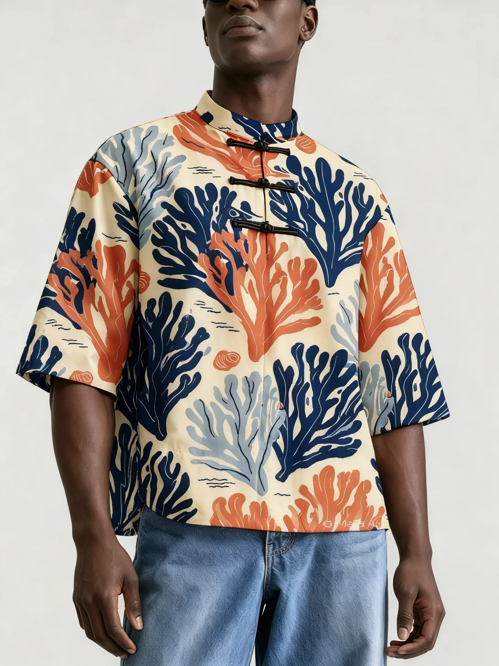 Men Chinese Style Frog Button Stand Collar Shirt, Loose Short Sleeve Animal Print Casual Blouse For Summer