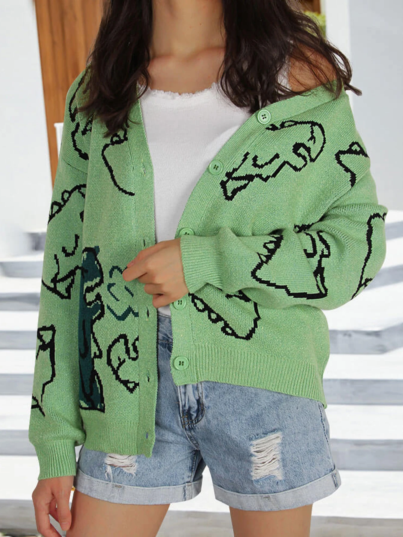 여성용 긴 소매 공룡 카디건 루즈핏 가을 겨울 스웨터 유럽 및 미국 스타일 패션