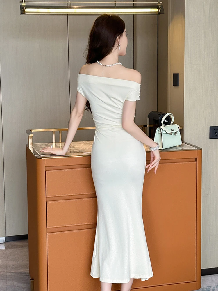 Summer Solid Stretchy Evening Dress Women Clothes Elegant Sexy Off-Shoulder Skinny Fishtail Long Robe Femme Party Prom Vestidos