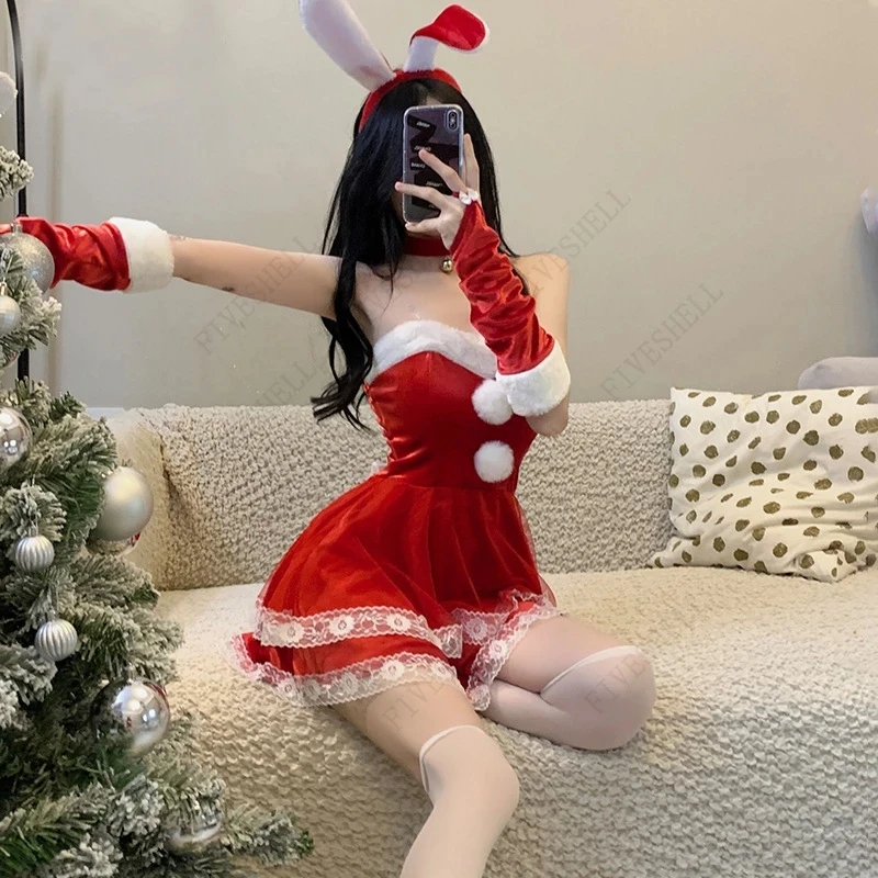 New Year Christmas Red Woman Dress Sweet Bunny Girl Costume Rabbit Woman Set Bunny Suit Sexy Lingeries Lady Cosplay Maid Uniform