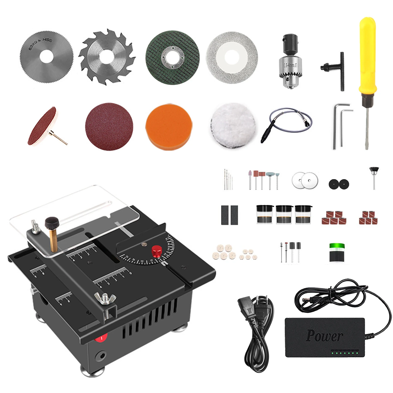 100W Multi-Functional Table Saw Mini Desktop Electric Saw Cutter Speed & Angle Adjustable Liftable Blade 16MM Cutting Dept