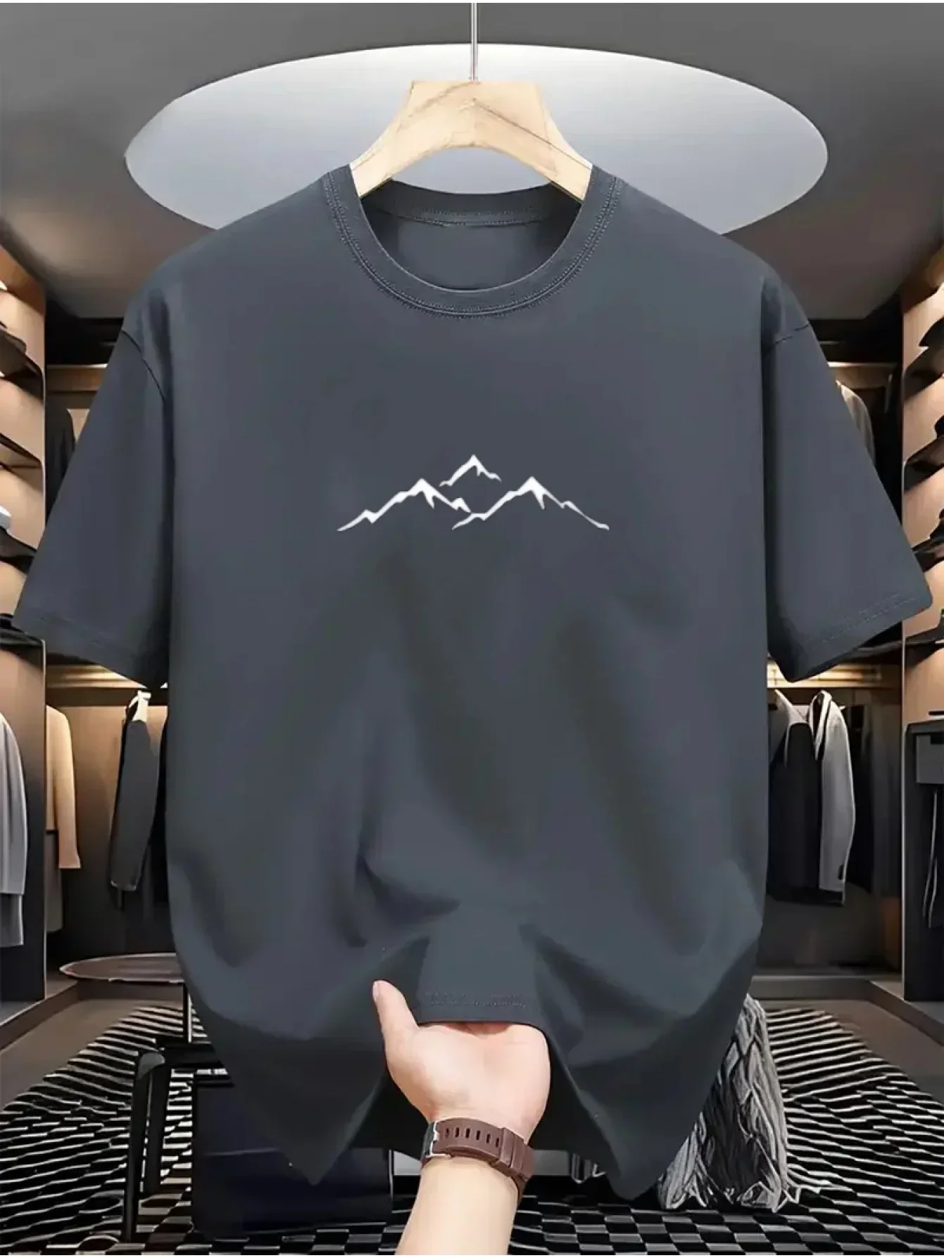 Sommer-T-Shirt für Herren mit Bergmuster, lässiges Rundhals-Design, stilvoll für den Alltag, schlicht, elegant, weich.