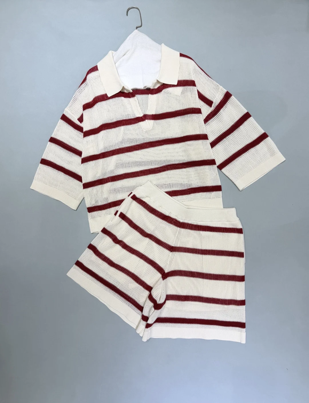 2026 Summer Women's Casual Striped Two-Piece Knit Set — Loose-Fit, Versatile Outfit featuring a Collared, Open-Work Design