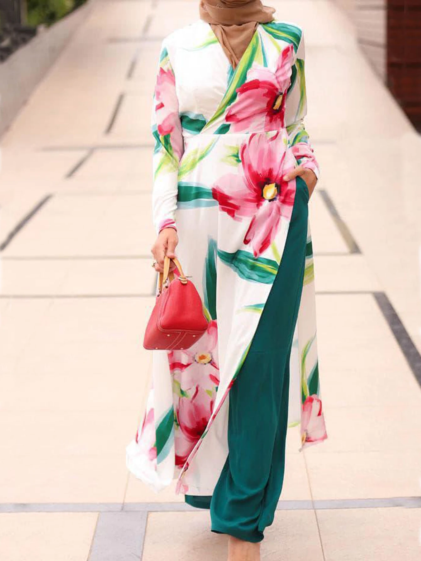 Vintage Stylish Muslim Suit 2PCS Long Sleeve Blouse Pant Sets Islamic Clothing Female Casual Floral Printed Matching Sets