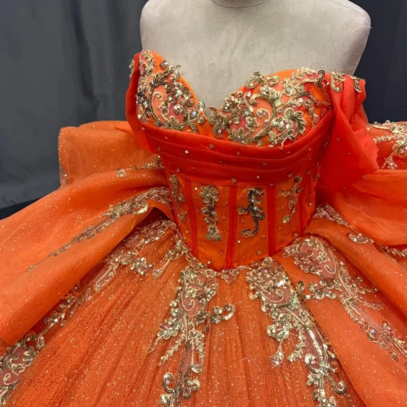 Orange Quinceanera Dress Golden Sequin Crystal Decal Long tail off-shoulder Lace Ruffles Vestidos De 15 Quinceanera ﻿Customize