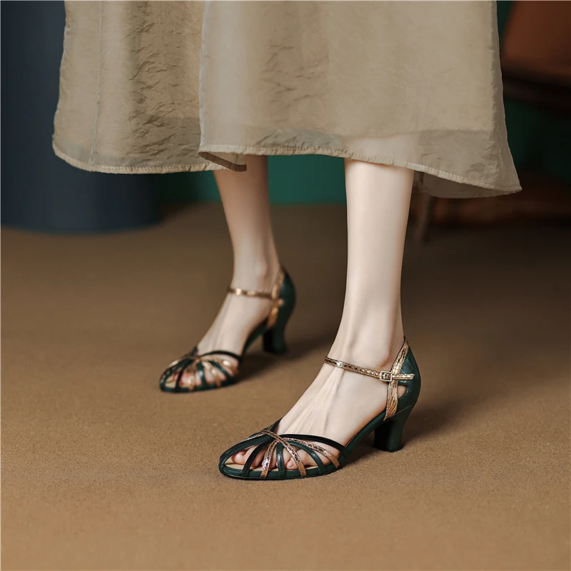 Insicre Cow Slipt Leather 2022 Fashion Summer Shoes Buckle Mixed Colors Narrow Band High Heel Women Sandals Round Toe