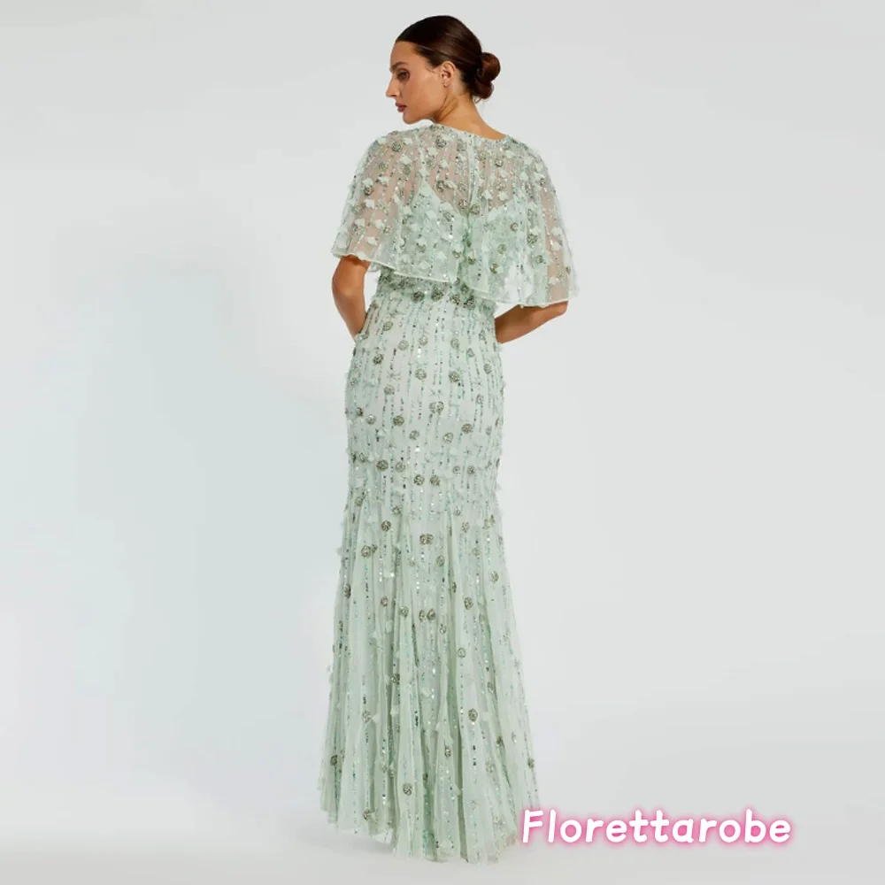 Florettarobe Women's Green Long Prom Dress O-Neck Short-Sleeved Handmade Beads Sequins  Evening Dresses Party Gowns Customized image 2