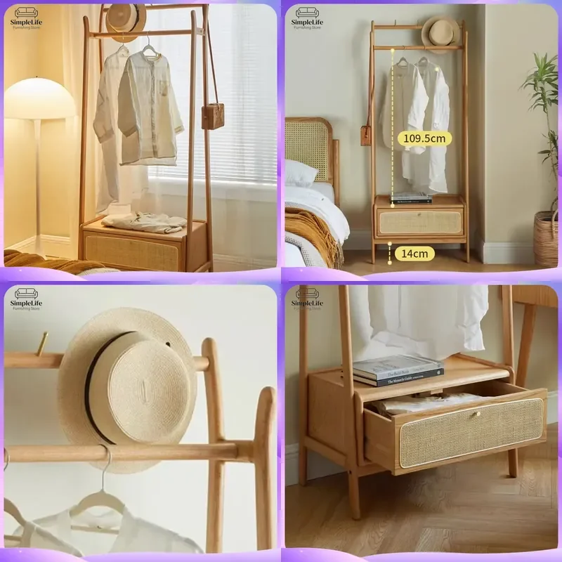 Nordic Solid Wood Coat Rack Floor Standing Oak Rattan Clothes Hanger Tree Multifunctional Hat Bag Organizer Home Entryway