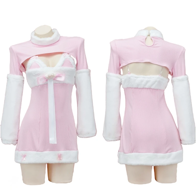 Anime Sexy Plush Pink Dress Cute Girl Cosplay Costume Loli Nightdress Halloween Uniform Cat Role Play Outfits Performance Dress