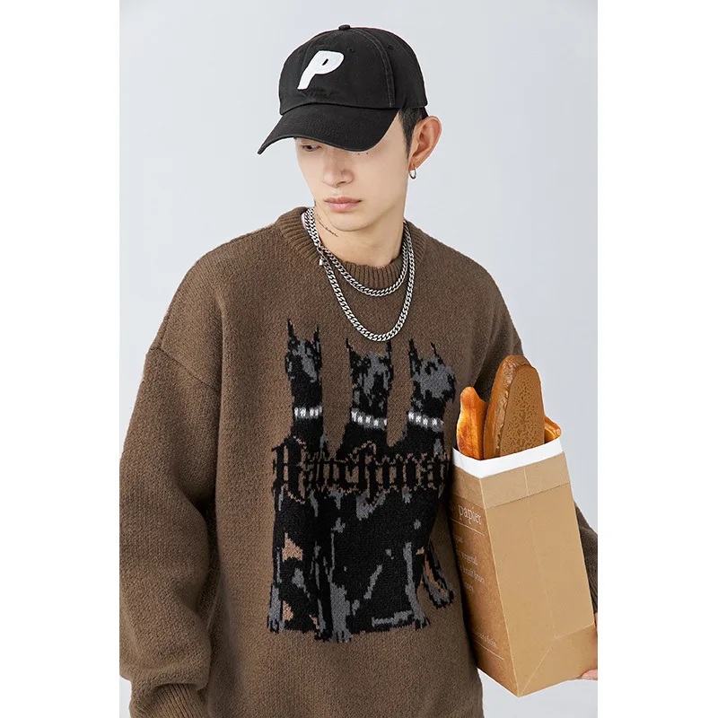 Doberman Dog Knitted Sweater Men Y2k Streetwear Oversize Pullover Vintage Graphic Knit Male Jumper Women Winter Casual Sweaters