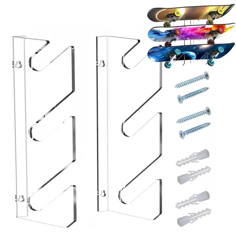 Soporte de pared acrílico para monopatín, perchas horizontales de 3 niveles para Snowboard, Longboard, monopatín, almacenamiento, ahorro de espacio en la pared