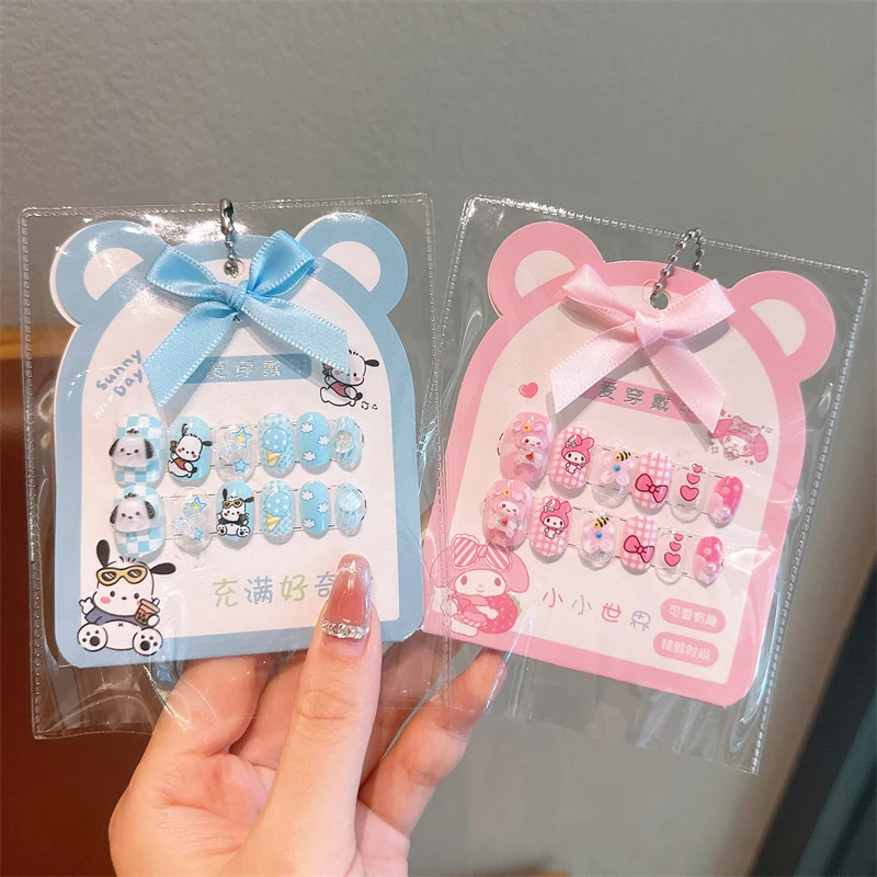 Sanrio Children Nail Patch Hellokitty Cinnamoroll Kawaii Removable Handmade Wear Nail Exquisite Accessories Gift For Girls