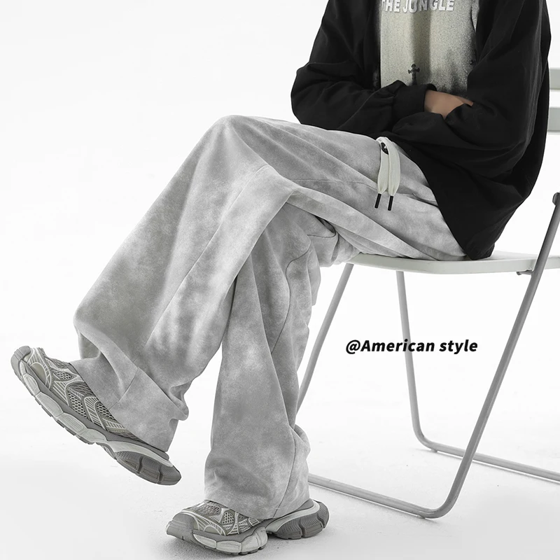 New Tie Dye Dirty Design Trendy Men's Trousers Loose Drape Straight Trousers Elastic Waist Drawstring Casual Pants