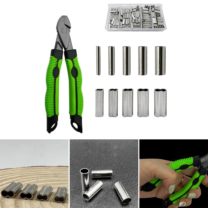 Fishing Plier Wire Rope Leader Crimper Tool Kits with 5 Sizes Crimp Sleeves Set