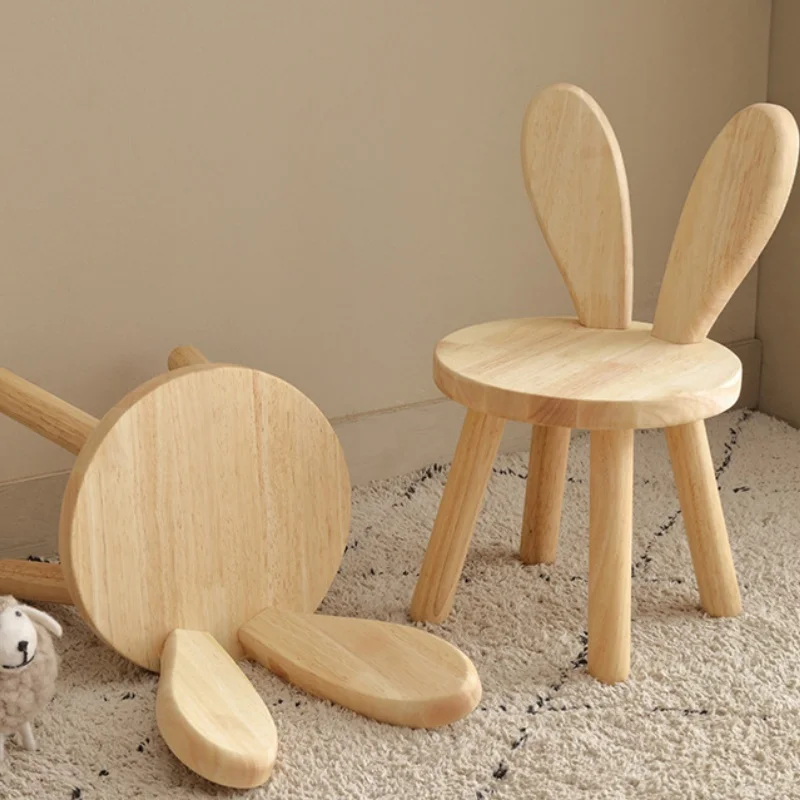 Solid Wood Stool Household Shoe-Changing Stool Children's Backrest Small Chair Wooden Stools Rabbit Ear Small Low Stool New