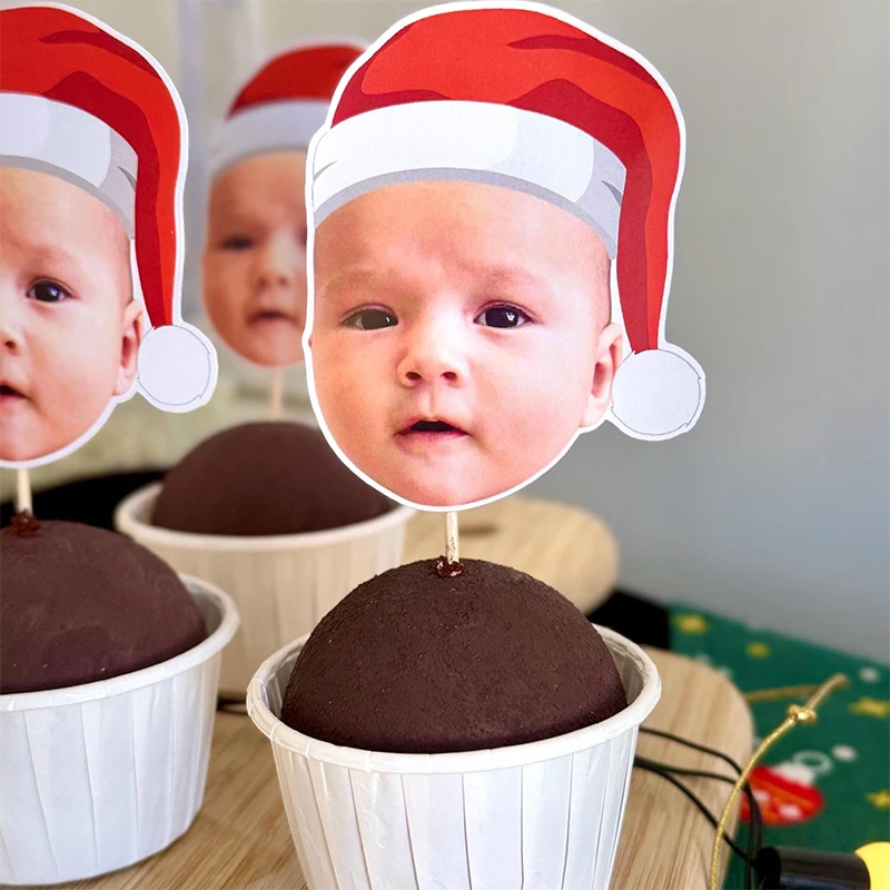 

Personalised Christmas Cupcake Toppers Custom Fun Holiday Party Decorations Cake Tags Baby's First Christmas