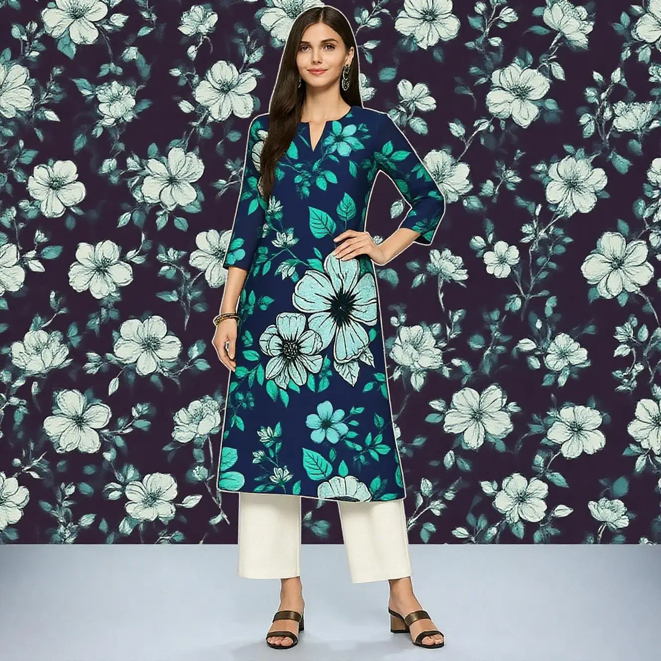 Muslim Kurt Flowers Women's Fashion Comfortable Long Sleeve Straight Casual Ethnic Vestidos Longos Parrot Print New Dress