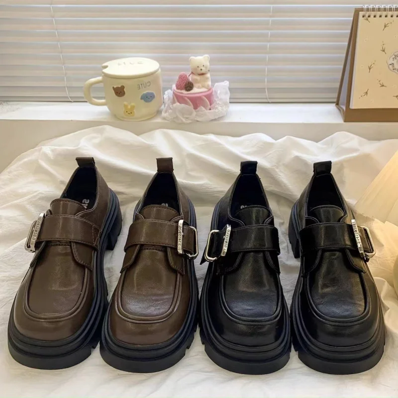 

Metal Buckle Strap Thick Sole Height Increasing Loafers for Women 2025 Spring and Autumn Versatile Retro Mary Jane Leather Shoes