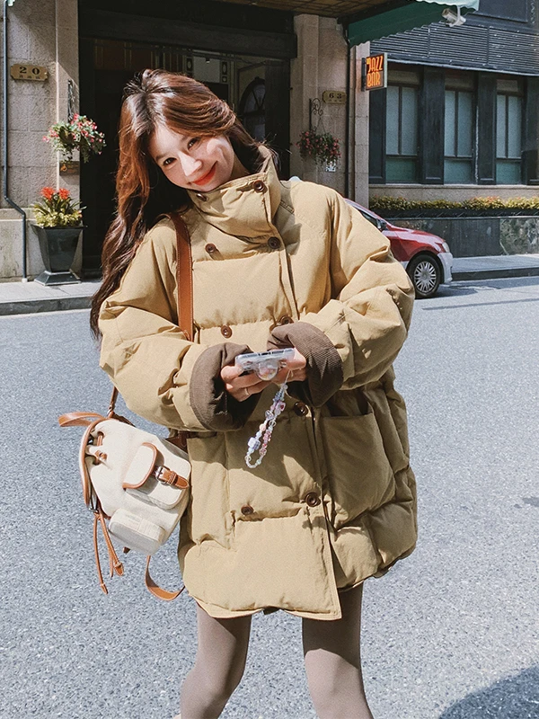 暖かさプラス レディース キルティングジャケット ダブルブレスト ルーズフィット ミッドレングス 冬用コート スリ カレッジ スリ スリミング アウターウェア