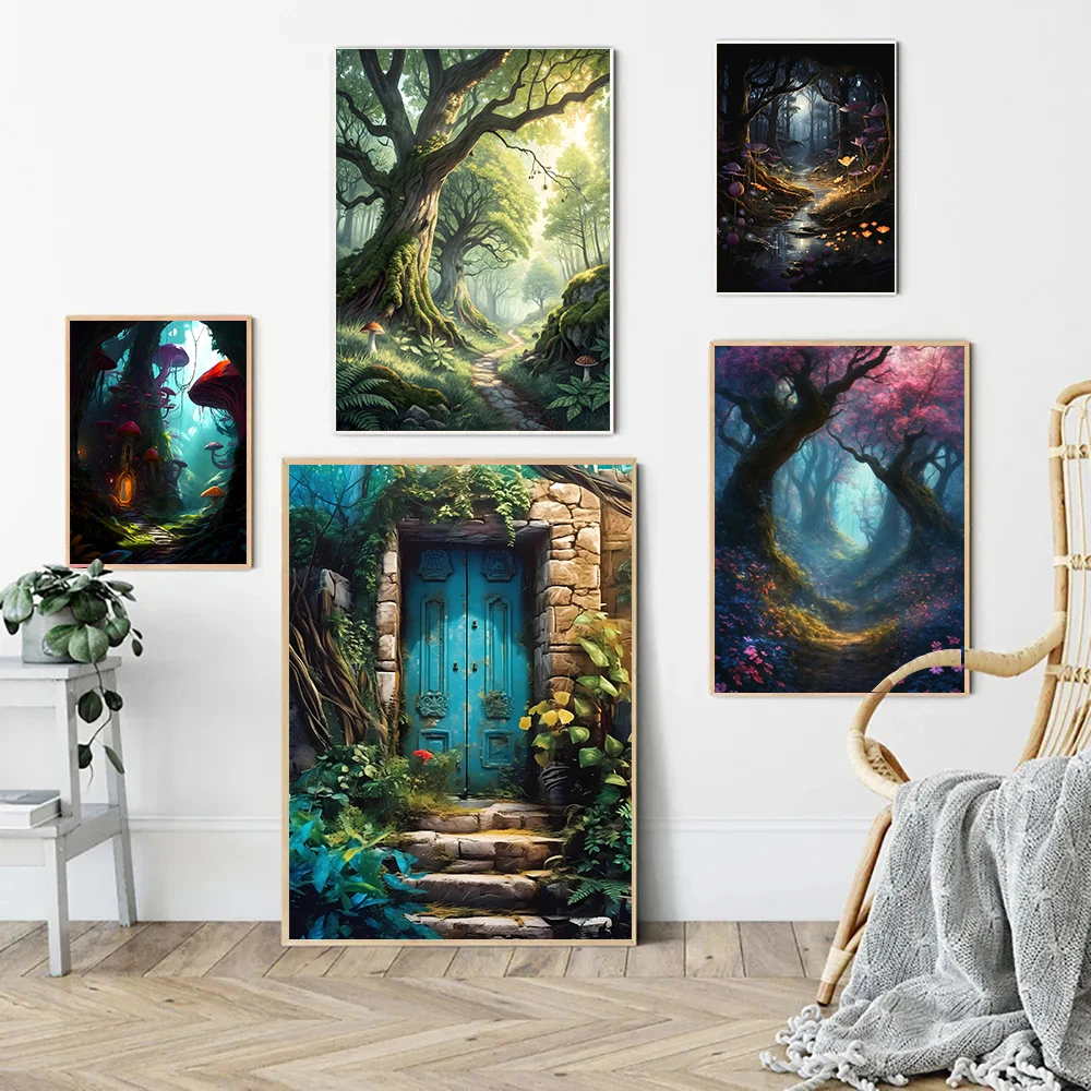 Mysterious Enchanted Grove Poster Sunlit Fairy Forest Path Fairy Tale Prints Canvas Painting Wall Picture Home Living Room Decor