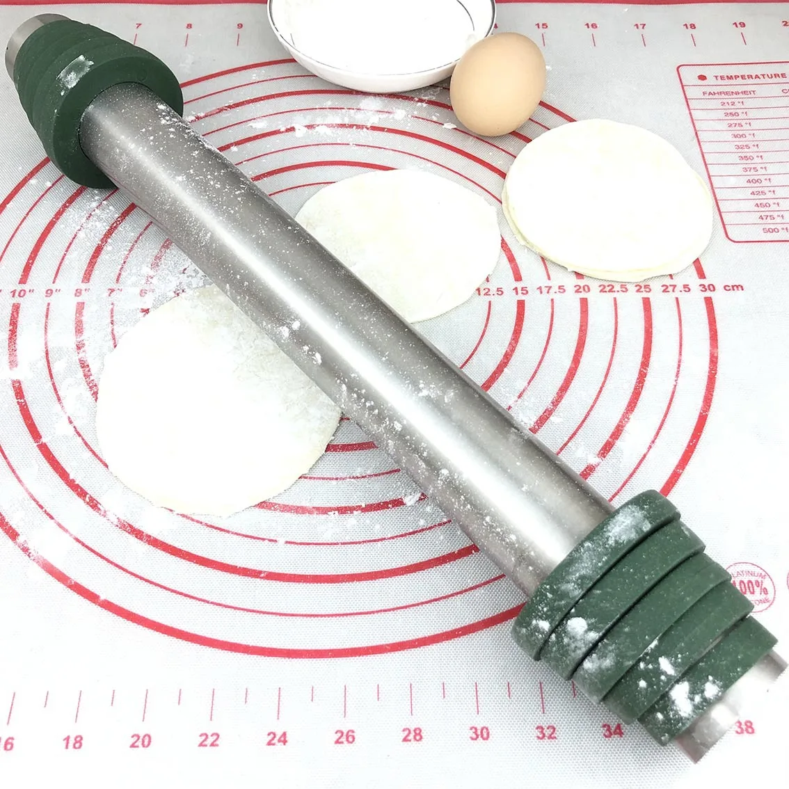 Stainless Steel Seamless Adjustable Rolling Pin with Silicone Ring & Pastry Mat Set