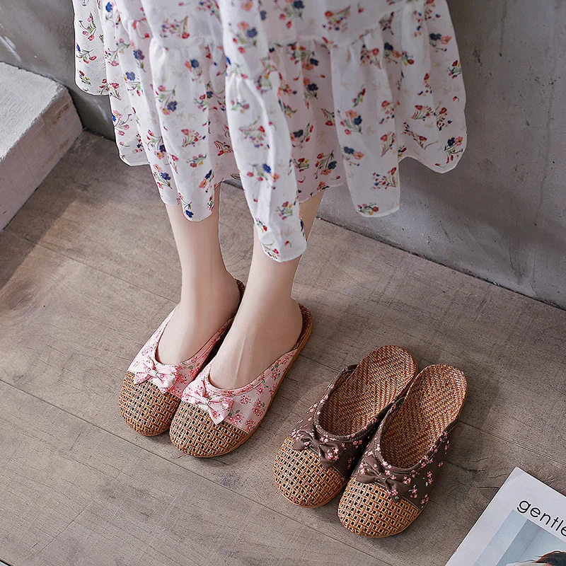 2023 New Minimalist Home Women's Sandals Couple Beach Hemp Rope Sandals Straw Slippers Two Straw Strap Shoes
