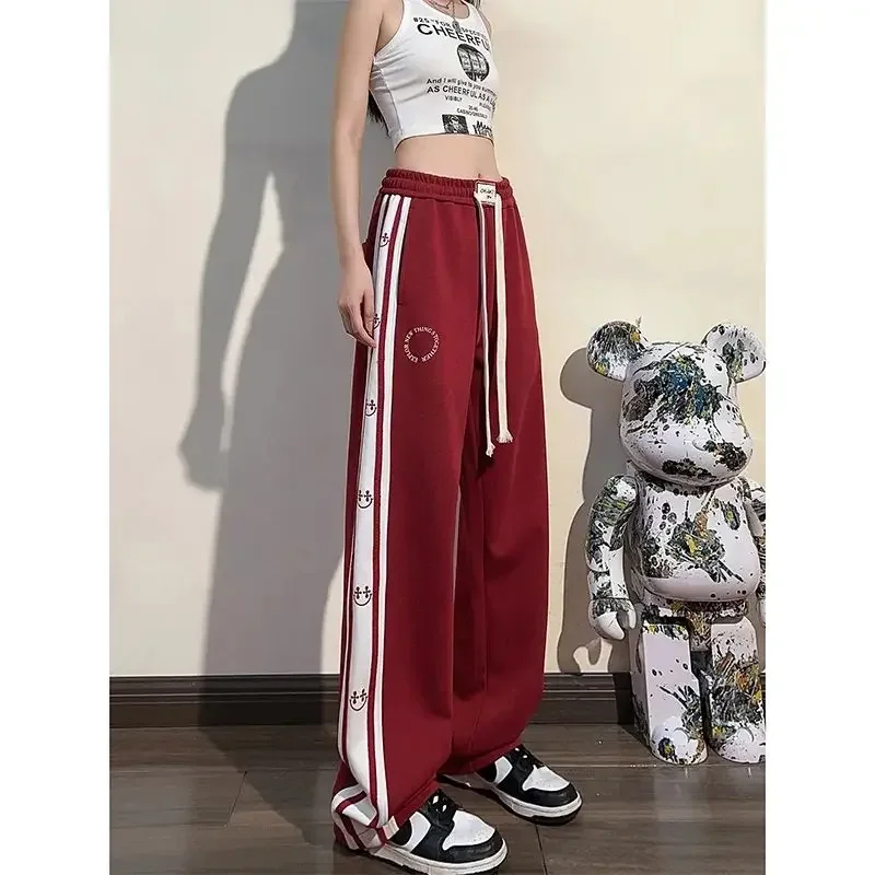 

American Vintage Women Sports Pants Spring Autumn Elastic High Waist Drawstring Pockets Loose Harajuku Casual Straight Trousers