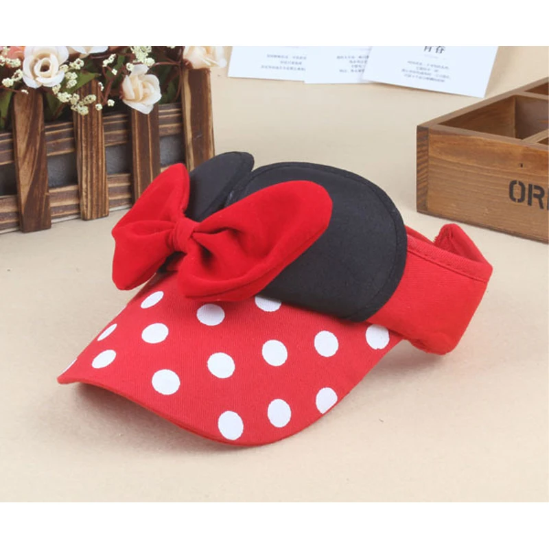 Disney Children Hat Cute Minnie Bow Sunscreen Empty Top Hats for Girls Summer Outdoor Sun Protection Visor Hat Girl\'s Gifts